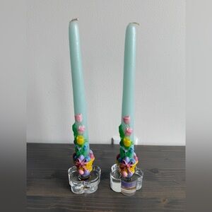 2 x vintage 10” taper Easter candles with vintage glass holders